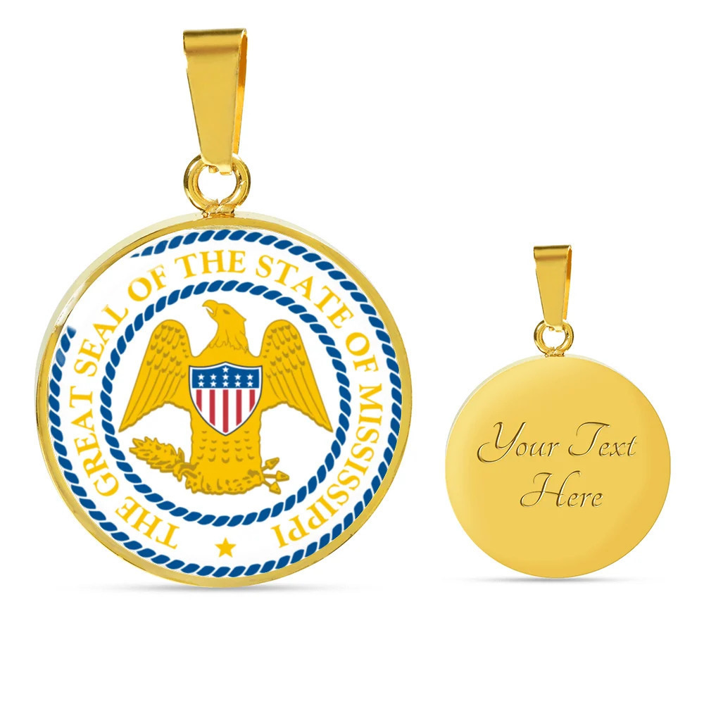 Mississippi State Seal Personalized Engraved Gold Circle Necklace Custom Name D
